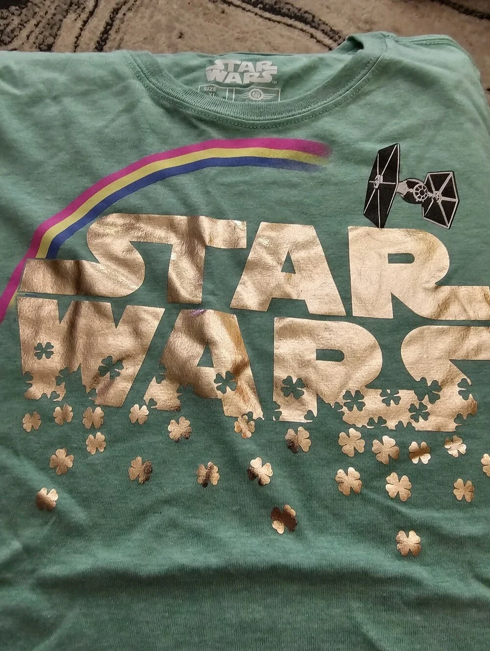 Star Wars Girls' Mint Green Tee with Gold Foil Logo and Rainbow Accent XL